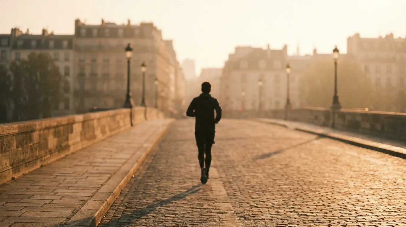 A lone runner photographed from behind crosses a stone bridge at dawn with Parisian rooftops softly blurred in the distance.