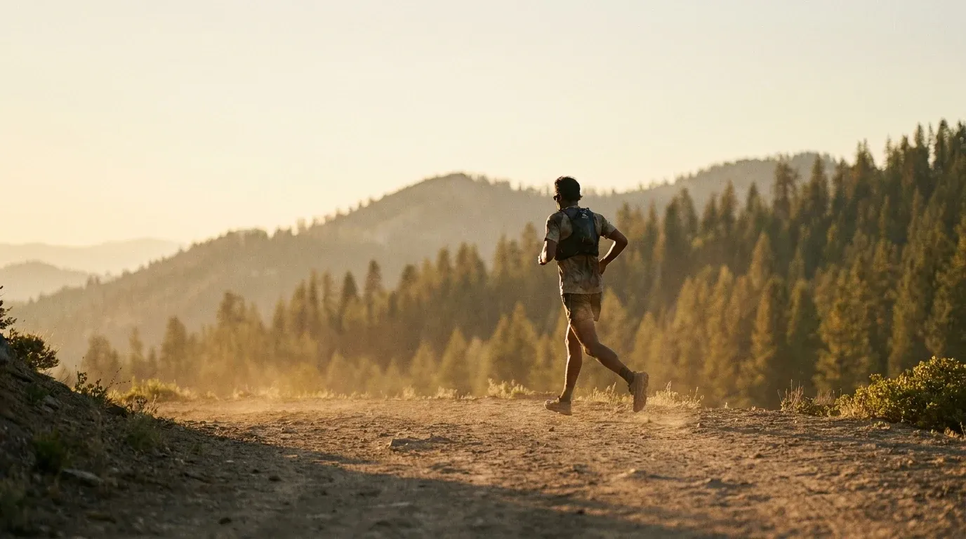 A trail runner mid-stride on a dusty mountain path, silhouetted against a forested ridge in golden-hour light.