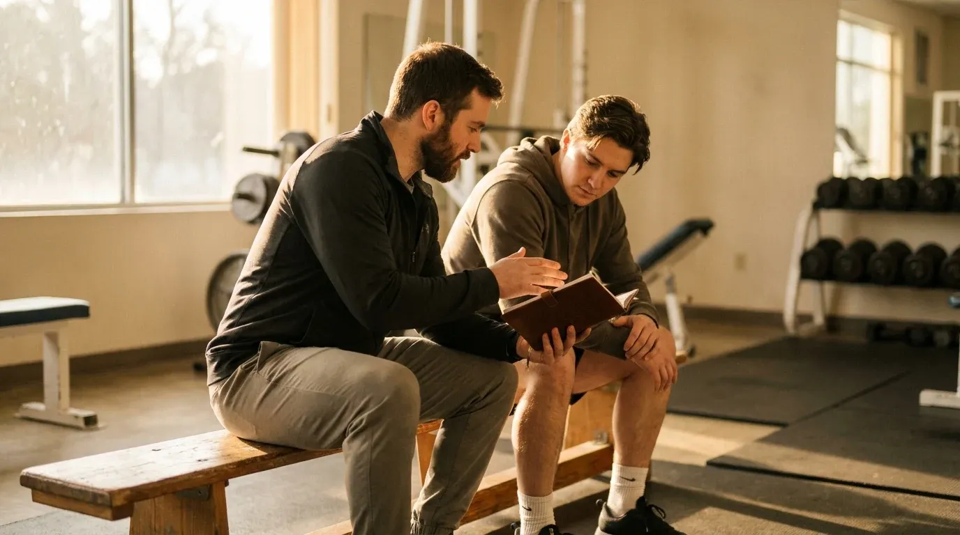 A coach and client sit together at a gym bench, reviewing notes in warm natural light during a training assessment.