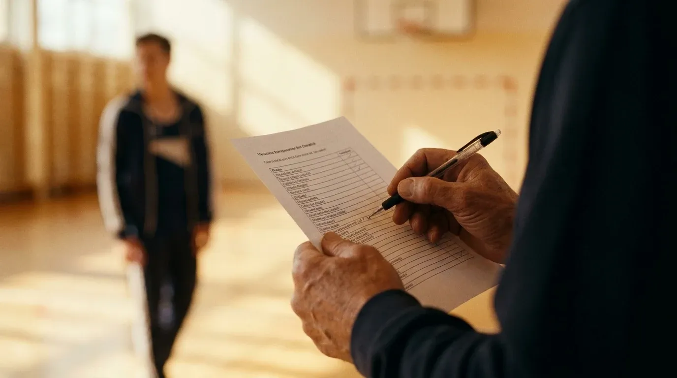 Coach's hands holding a printed checklist with pen, blurred athlete visible in warm golden gym lighting.