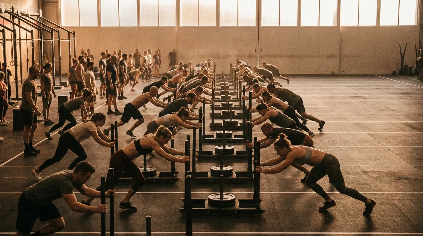 Dozens of athletes in low drive stance pushing weighted sleds in tight formation across a competition floor.