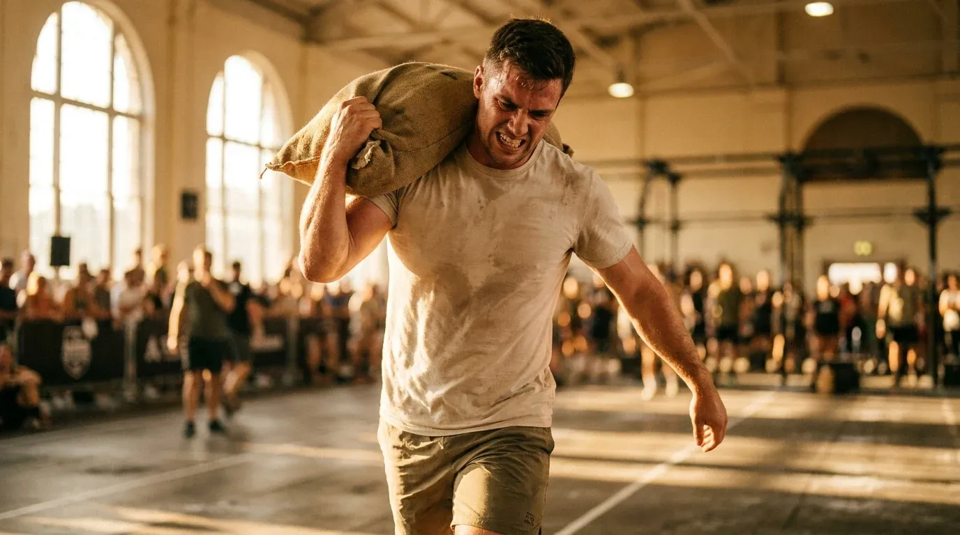 Male athlete carrying a heavy sandbag over his shoulder, face intense with effort during a HYROX competition.