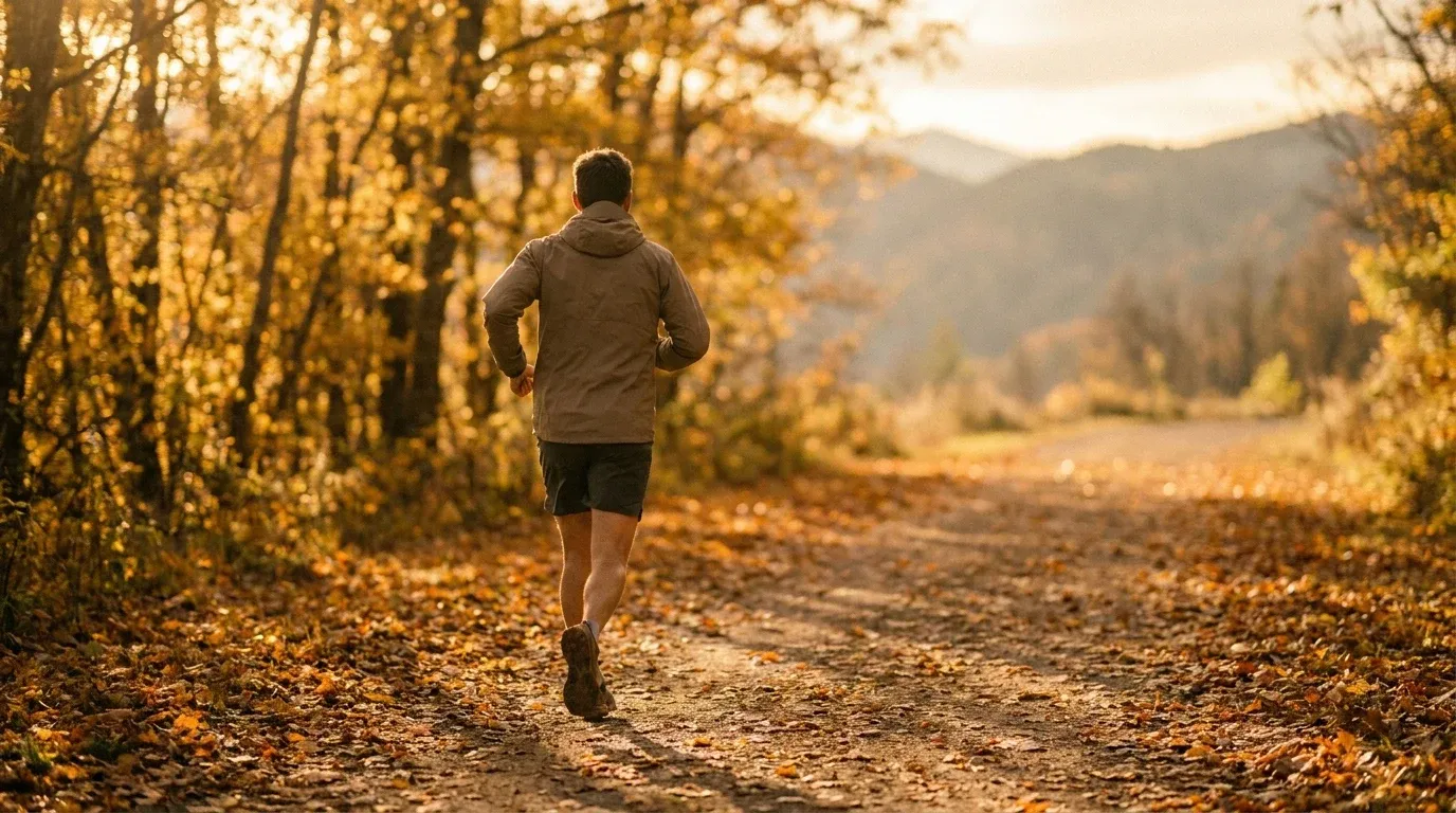 A trail runner captured from behind mid-stride on an autumn leaf-covered path in golden hour light.
