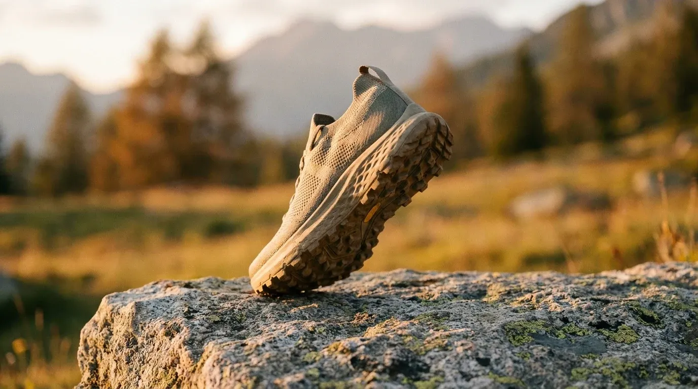Black Diamond x Norda 000 trail shoe positioned on granite rock, bathed in warm golden-hour light with alpine backdrop.