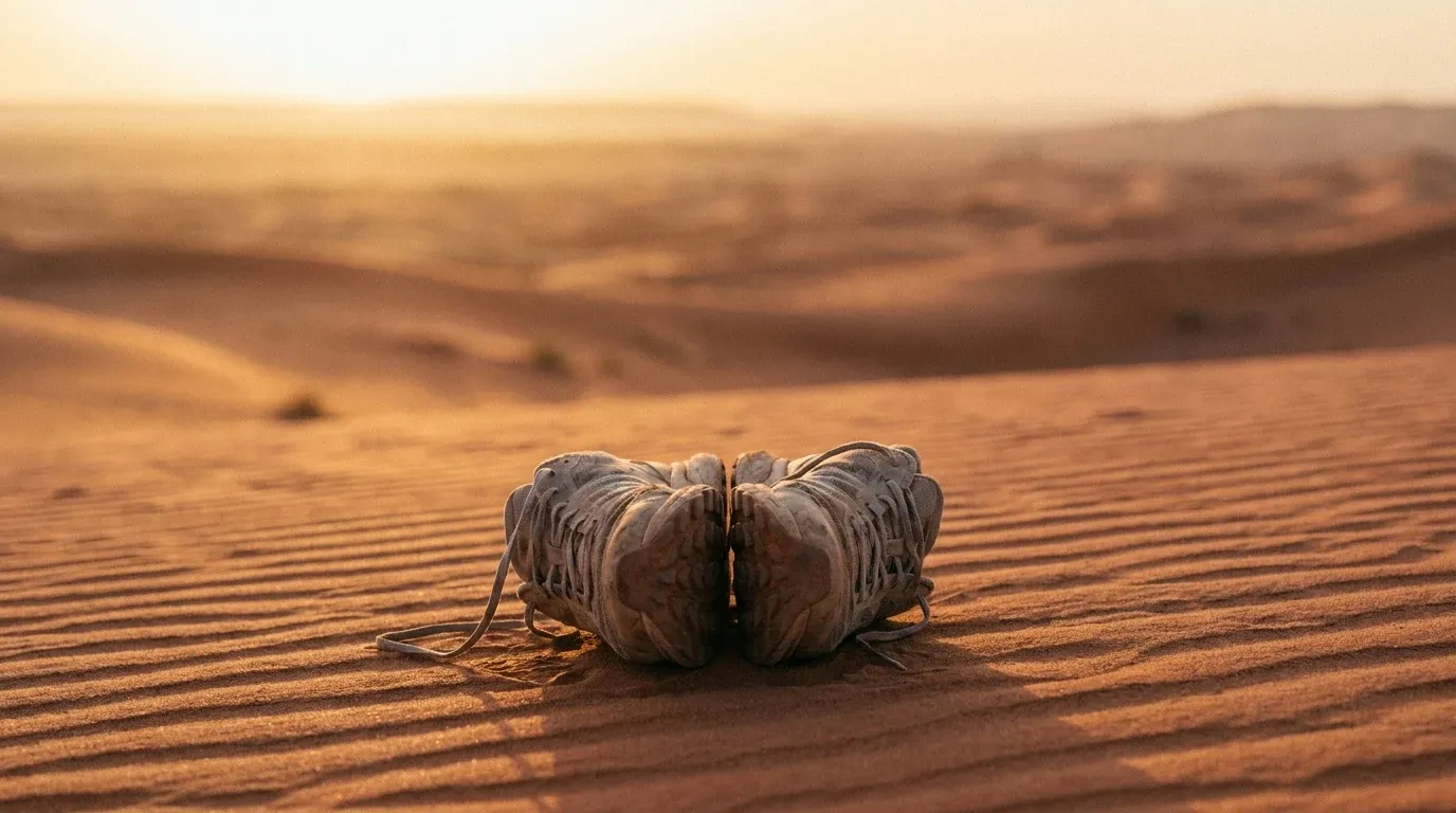 Two worn trail running shoes placed sole-to-sole on red desert sand at golden hour.