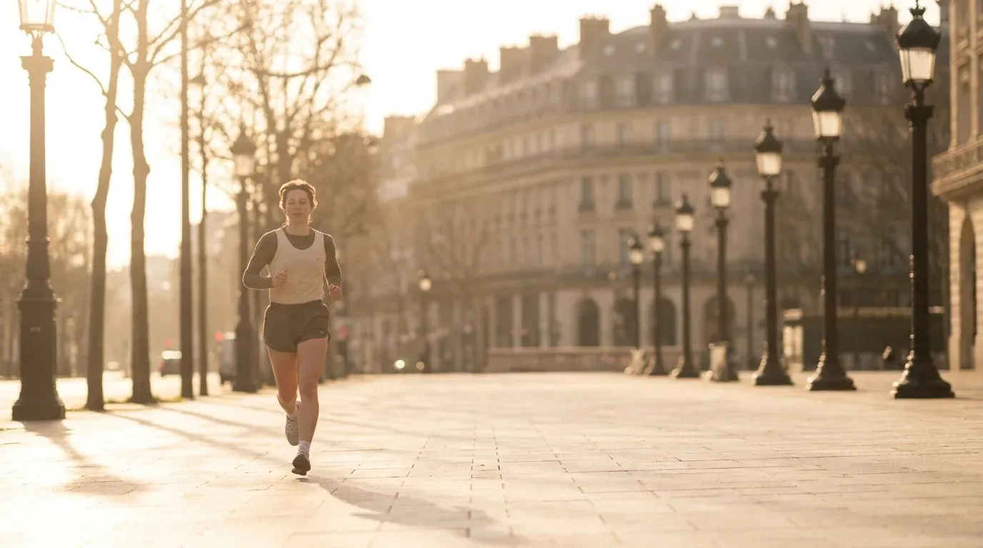 A runner in mid-stride on a Parisian boulevard at golden hour, with Haussmann buildings softly blurred behind.