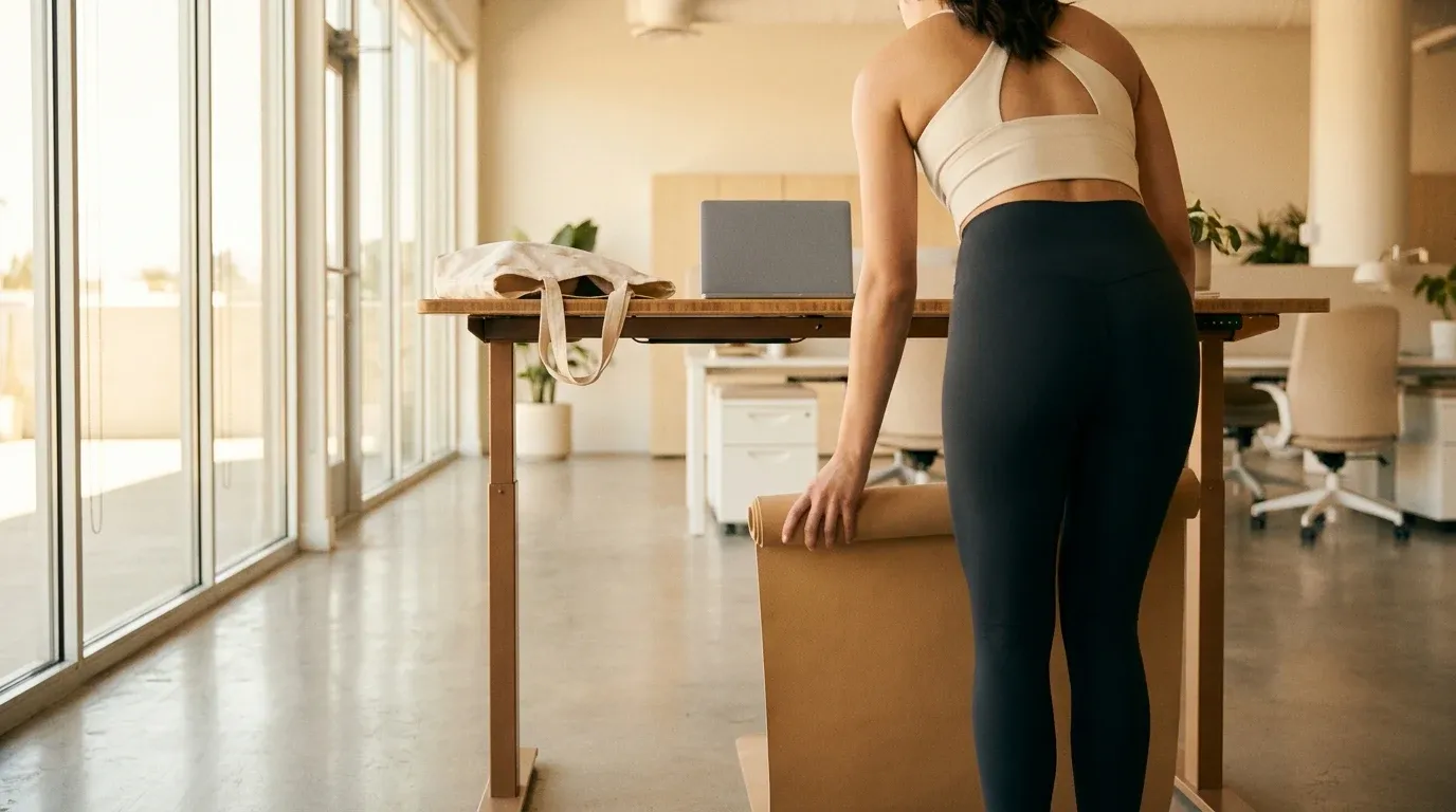 Young professional unrolling yoga mat beside standing desk in bright modern office with natural light.