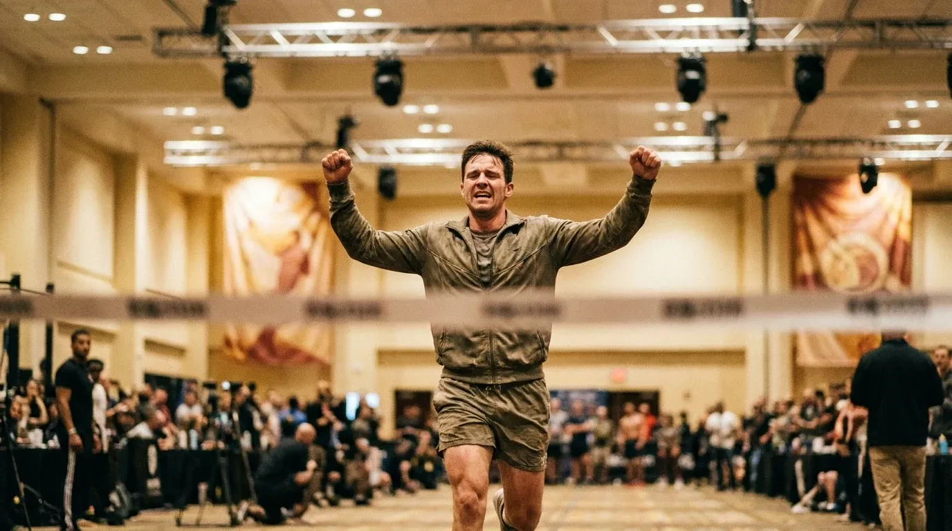 Male athlete sprinting across finish line with arms raised in triumph, captured in warm golden light.