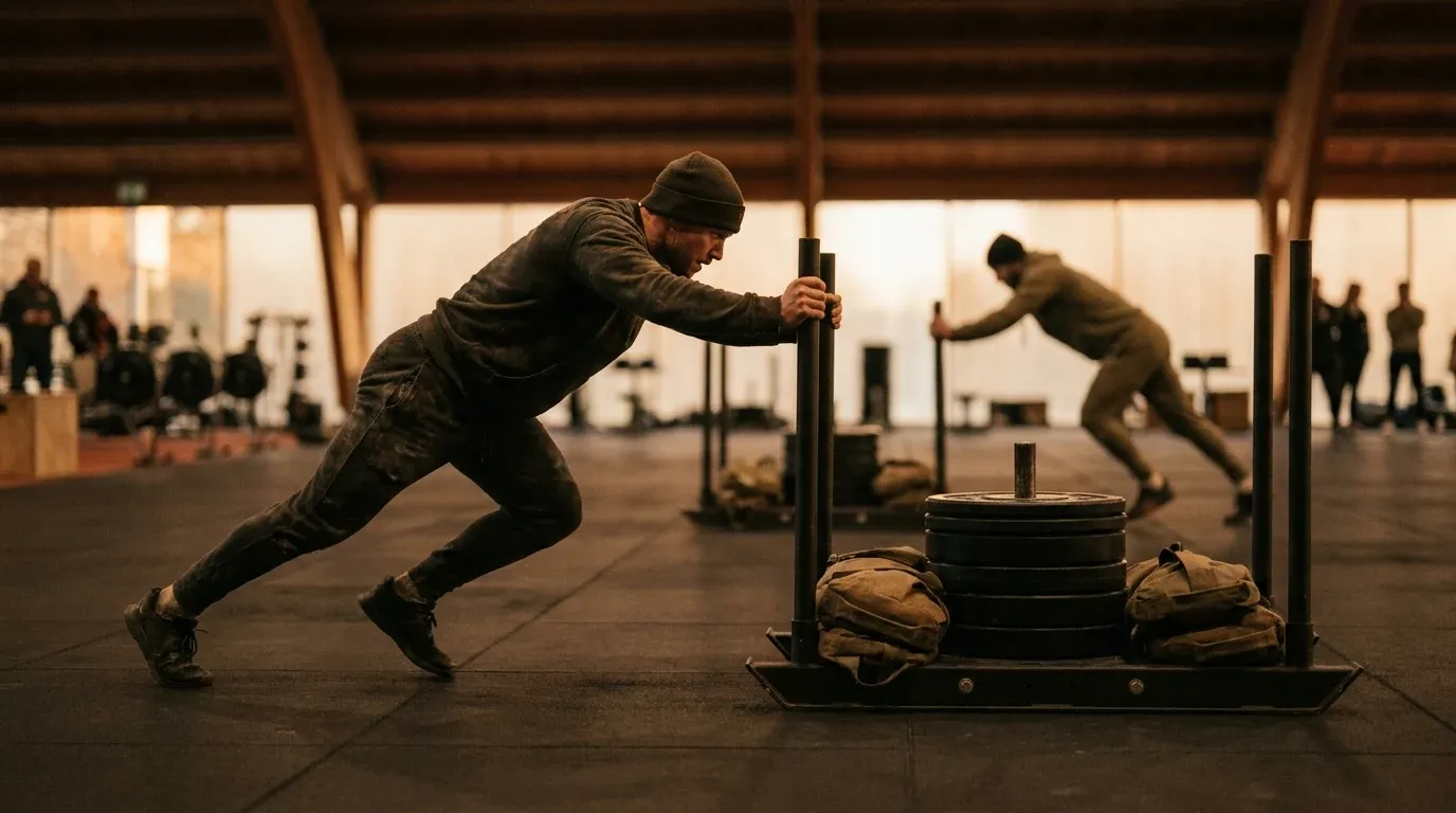 Athlete in powerful drive stance pushing a weighted sled during a HYROX competition.