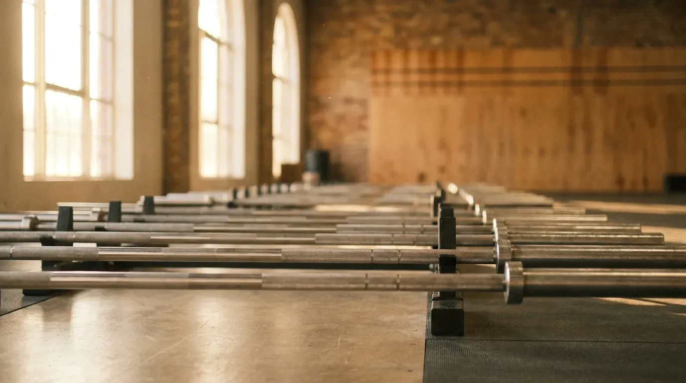 Row of heavy commercial barbells lined up in an empty gym bathed in warm natural golden light.