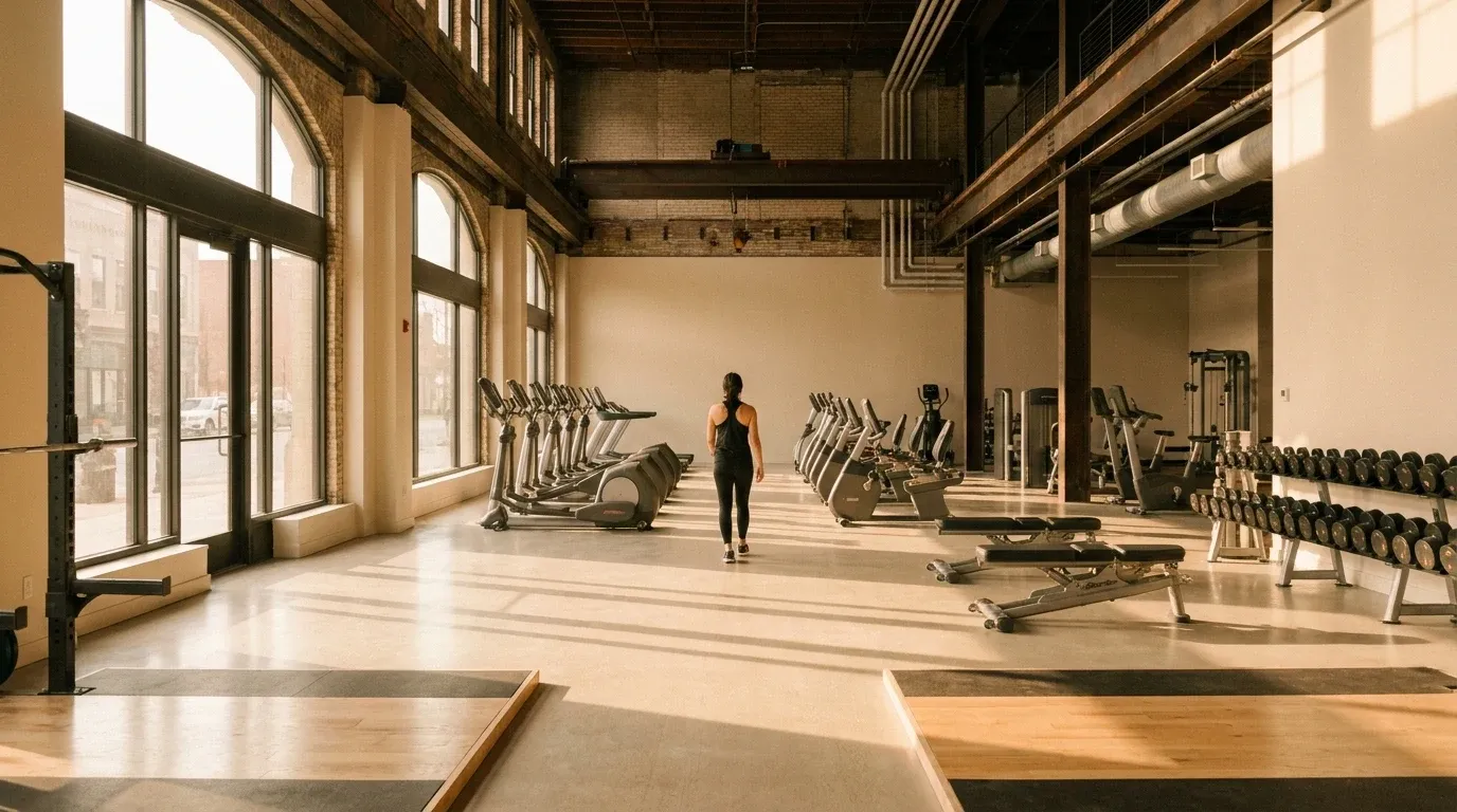 A lone trainer walks across the floor of a newly converted premium gym in a vast repurposed retail space.