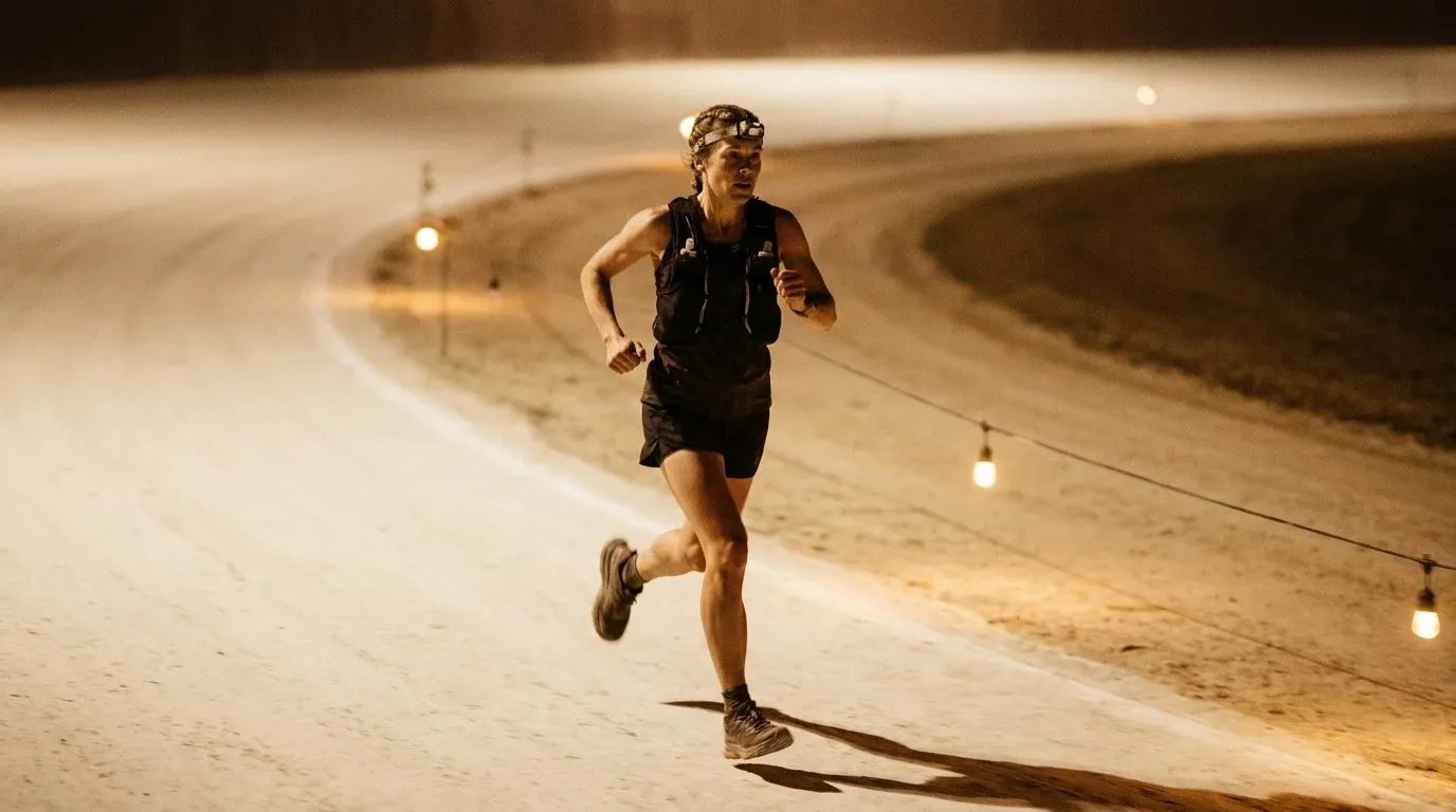 Female ultra-runner mid-stride on an oval track, jaw set with determination, bathed in warm golden dawn light.