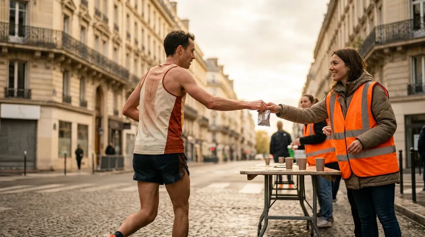 A runner in race kit accepts an energy gel from a volunteer at an aid station with Parisian architecture behind.