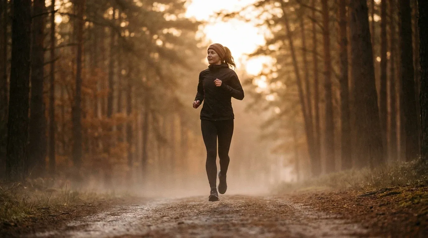 Female runner mid-stride on a misty pine trail at dawn, bathed in warm golden light.