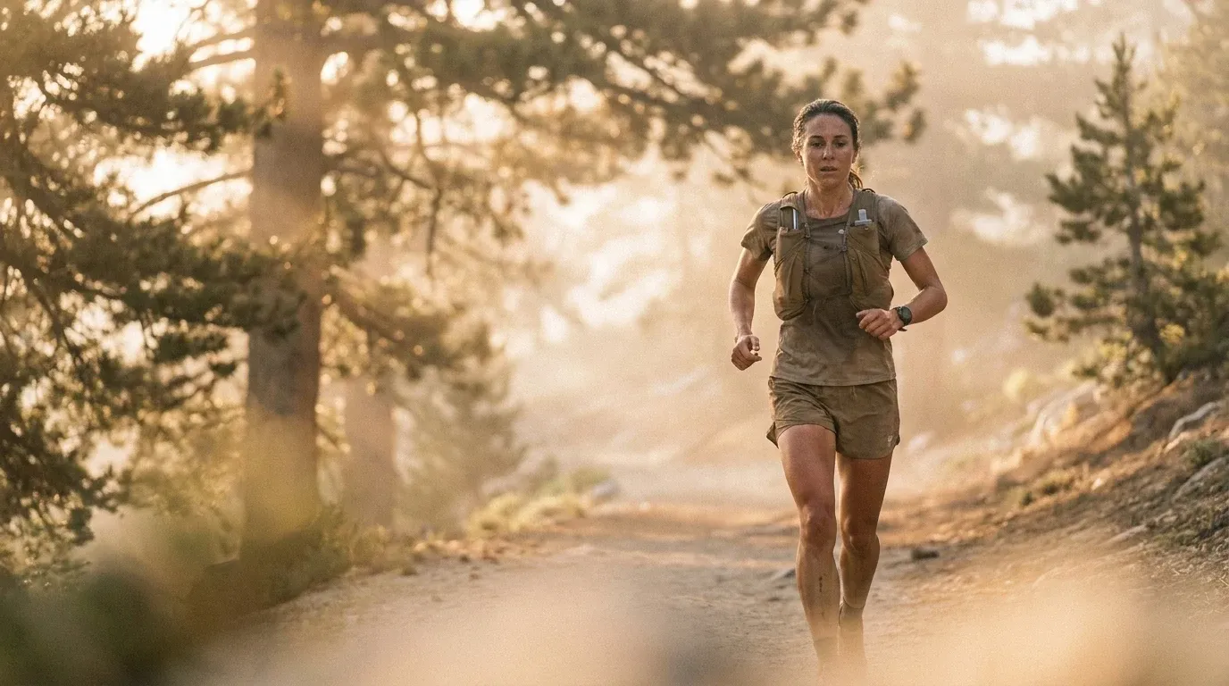 Female ultrarunner mid-stride on a remote mountain trail in warm golden early-morning light.