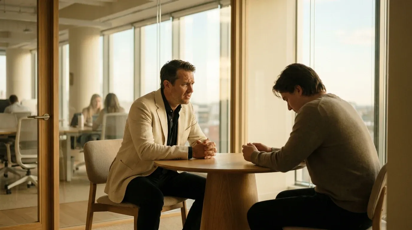 A manager sits across from an employee in a glass office, visibly uncertain during a strained conversation.