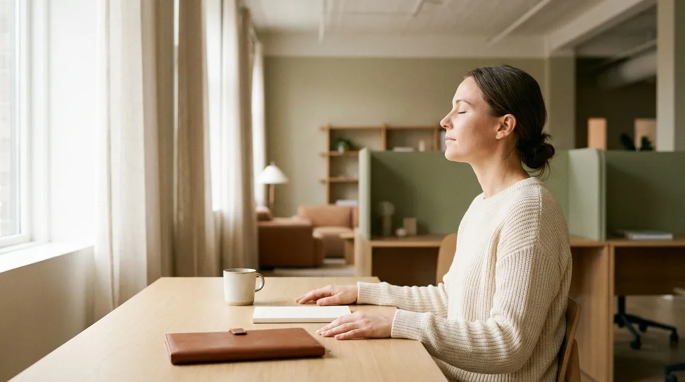 Person seated at desk with eyes closed, practicing mindful breathing and stillness during workday.