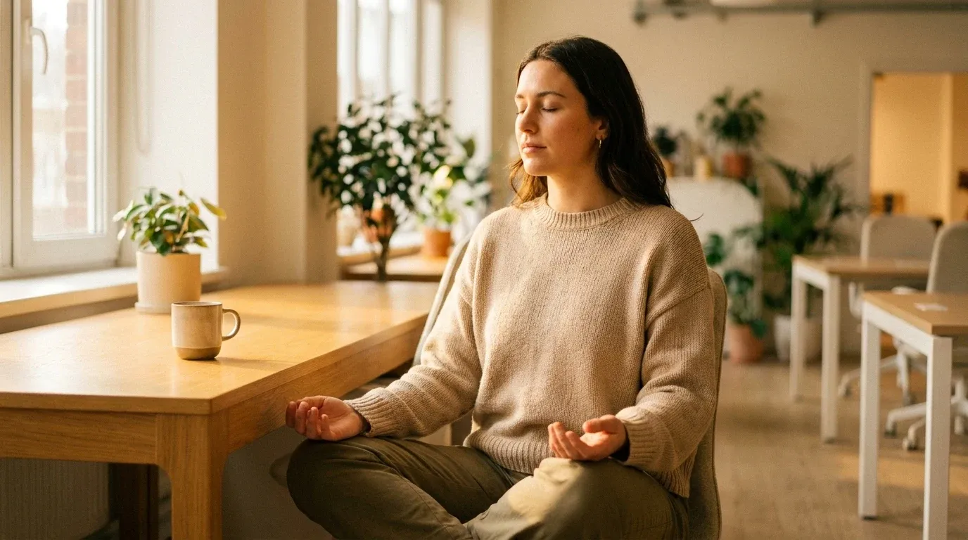 Professional meditating at desk with eyes closed, bathed in warm natural light from office window.