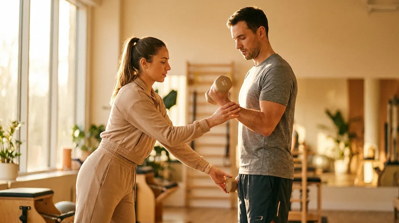 A fitness coach guides a client's arm position during a dumbbell exercise in warm golden gym light.