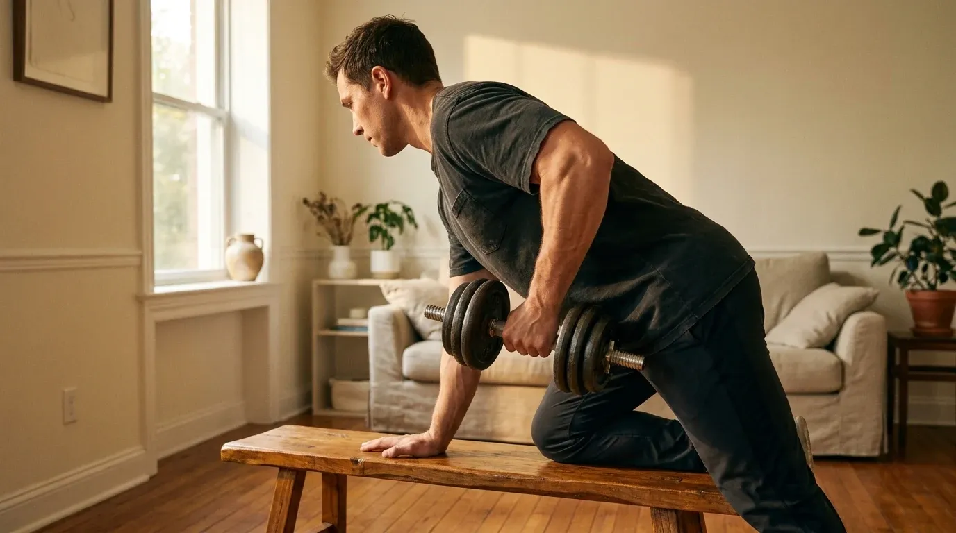 Man performing a single-arm dumbbell row on a wooden bench in a sunlit living room.