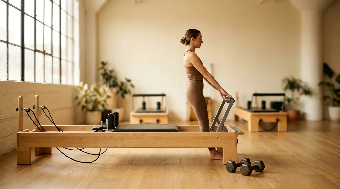 Woman on Pilates reformer pressing handles forward with dumbbells on floor beside her.