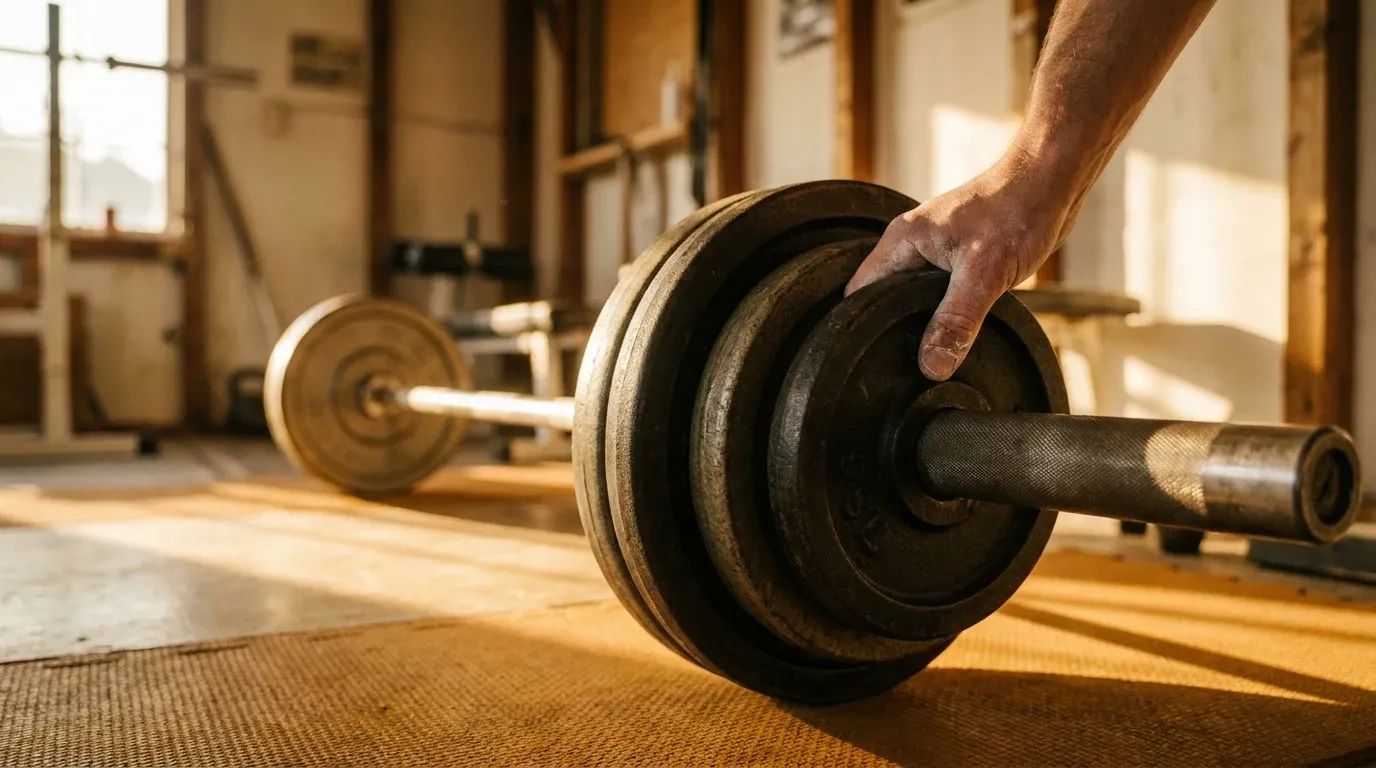 Chalk-dusted hand adding an iron weight plate to a loaded barbell in warm golden gym lighting.