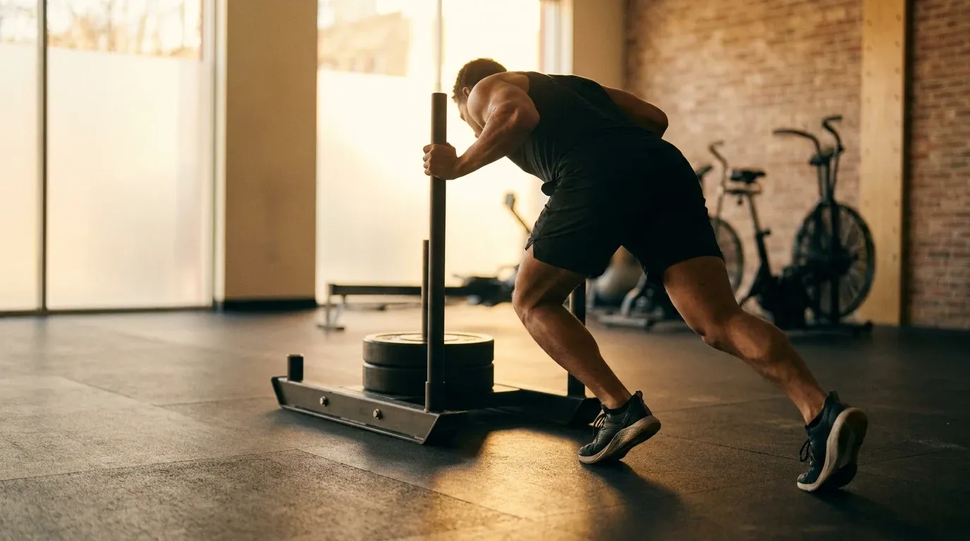 Athlete in aggressive stance pushing a competition sled across a gym floor in warm natural golden light.