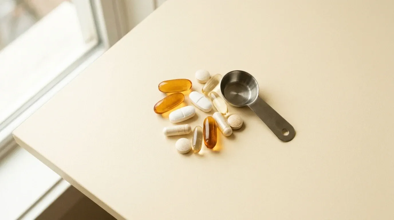 Overhead view of various supplement capsules and tablets arranged in a cluster with a small measuring scoop.