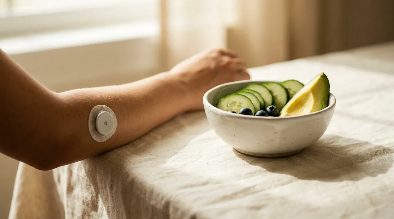 A continuous glucose monitor patch on a forearm beside a bowl of fresh whole foods on warm cream linen.