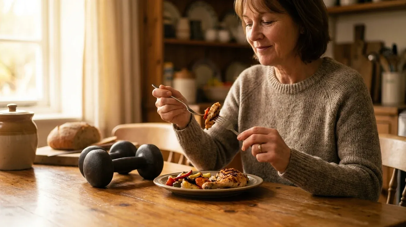 Woman in her 50s eating at a kitchen table with dumbbells beside her plate.