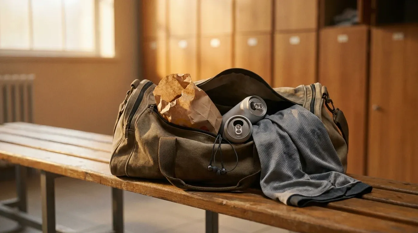 An open gym bag on a bench spilling fast food wrappers, crushed energy drink cans, and tangled earbuds.