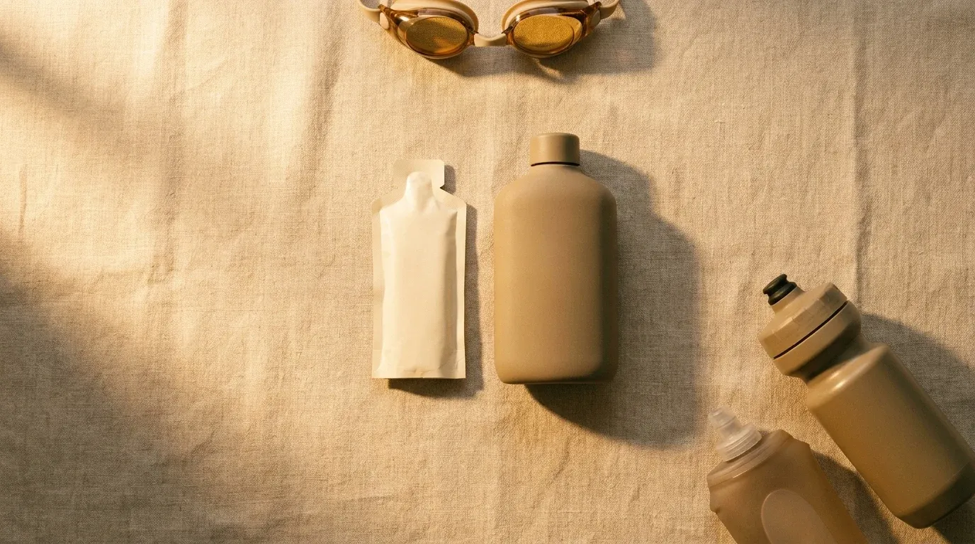 Overhead view of triathlon nutrition and gear: energy gel, hydration flask, swim goggles, and running flasks arranged on warm linen.