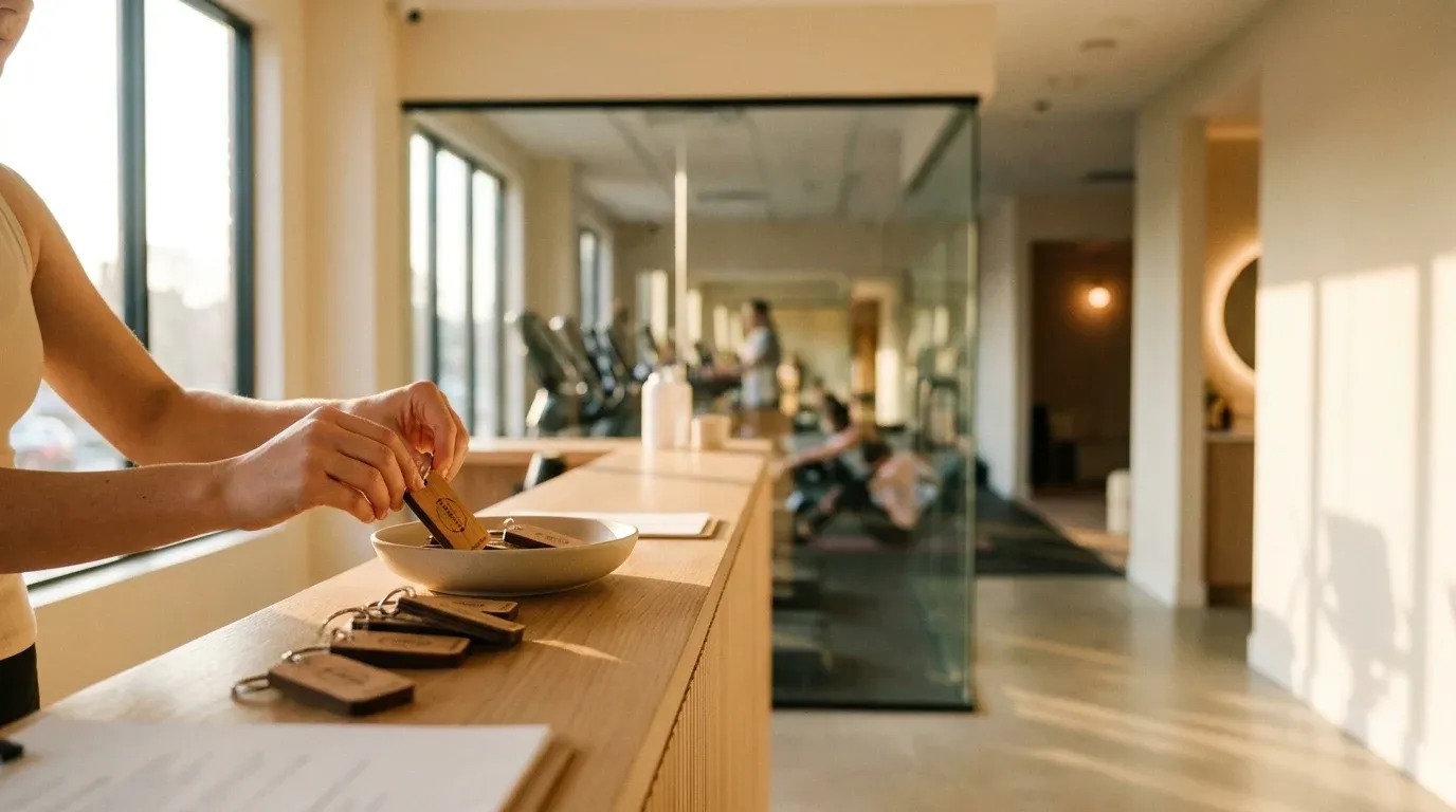 Gym reception desk with minimal counter, branded key fobs, and soft golden natural morning light.
