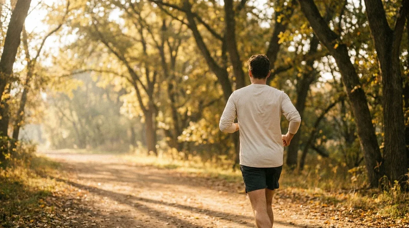 A runner jogs alone on a tree-lined path in soft morning light, moving at an easy pace.