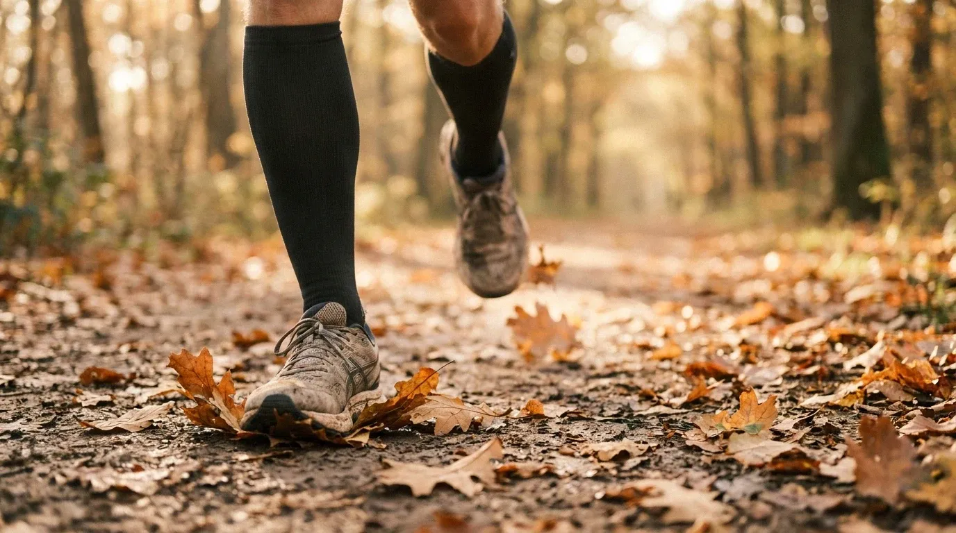 Runner's legs mid-stride on an autumn trail scattered with golden fallen leaves.
