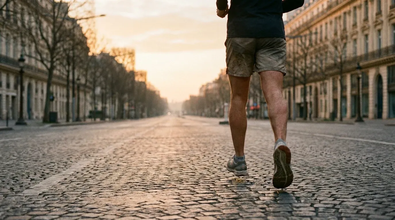 A runner's legs in powerful stride on a wide Parisian boulevard bathed in soft golden dawn light.