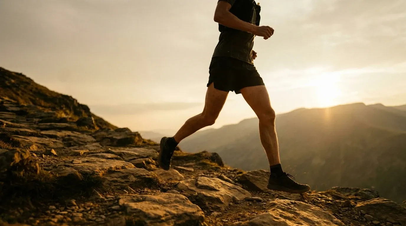 A lean trail runner powers uphill on a steep rocky mountain trail in golden hour light.