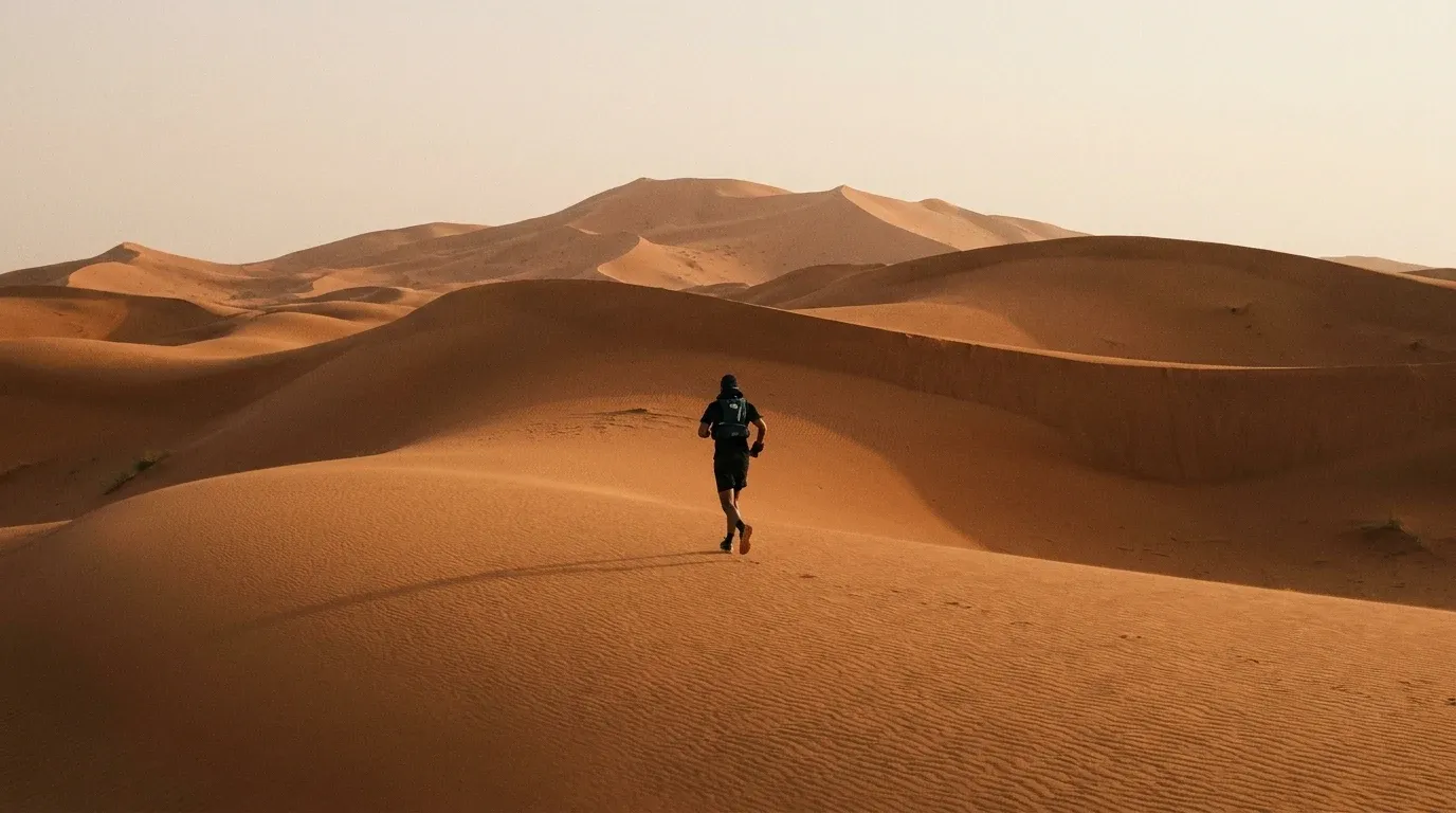 Lone trail runner mid-stride across vast golden sand dunes under soft morning light.