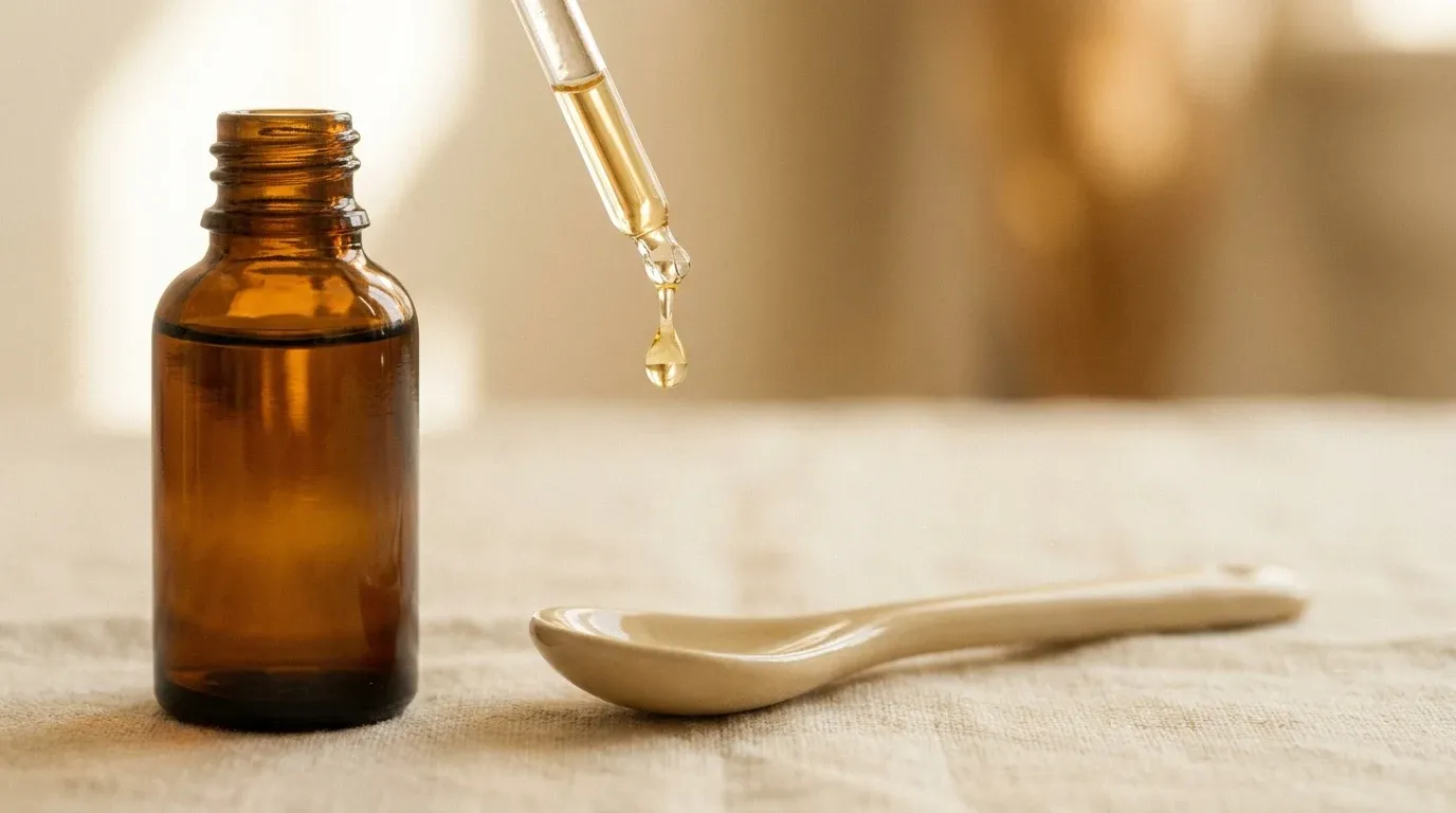 Golden CBD oil drop suspended mid-fall from an amber glass dropper bottle onto a warm cream ceramic spoon.