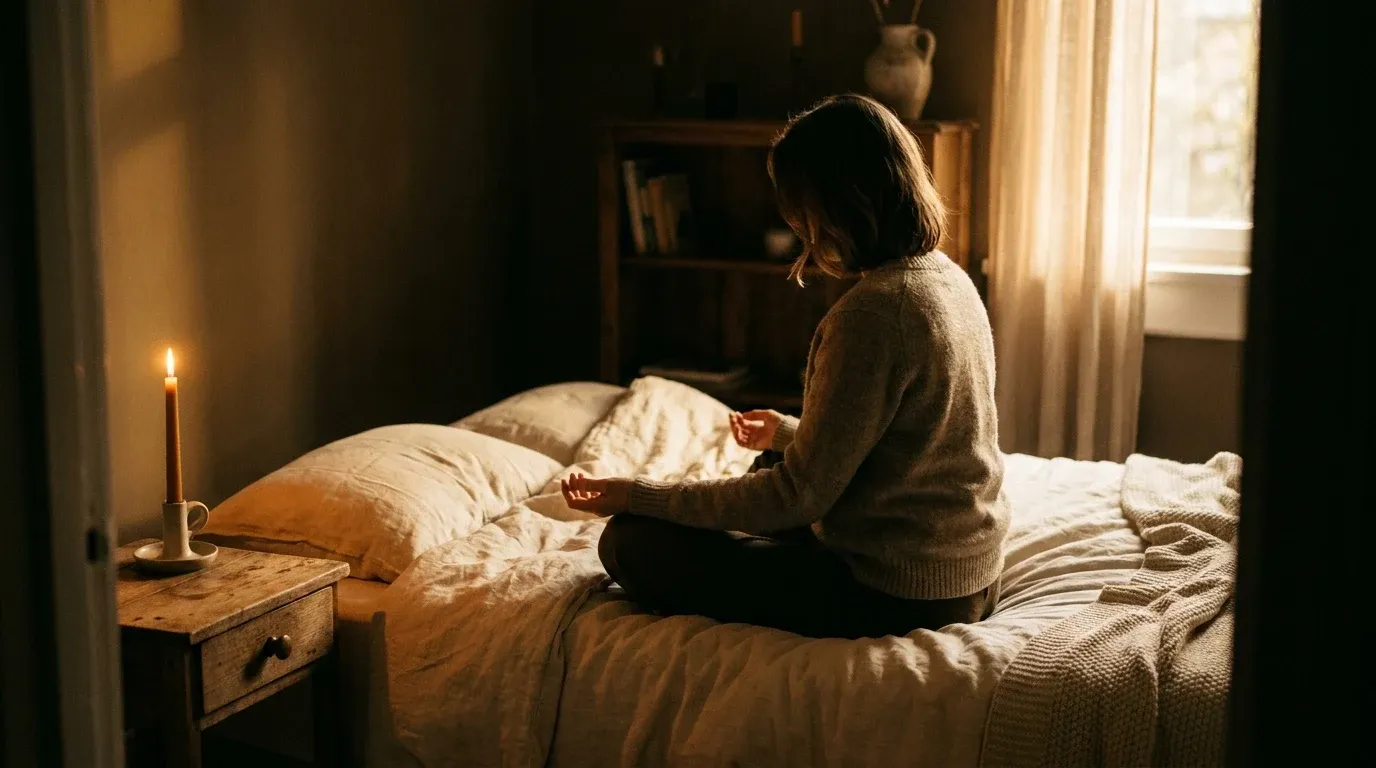 Person sitting cross-legged on bed, illuminated by warm candlelight in a calm bedroom.