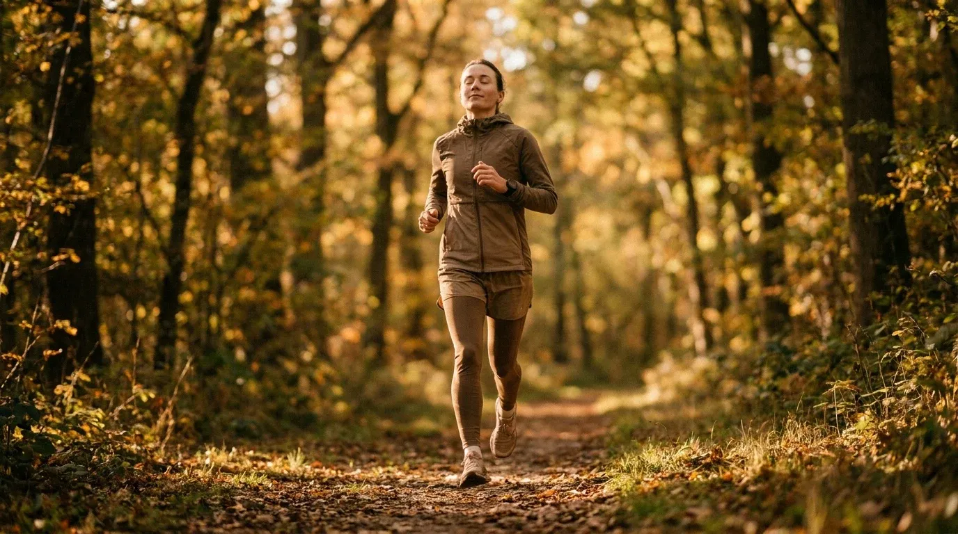 A runner in motion on a forest trail with eyes closed, expressing calm and mindfulness while exercising.