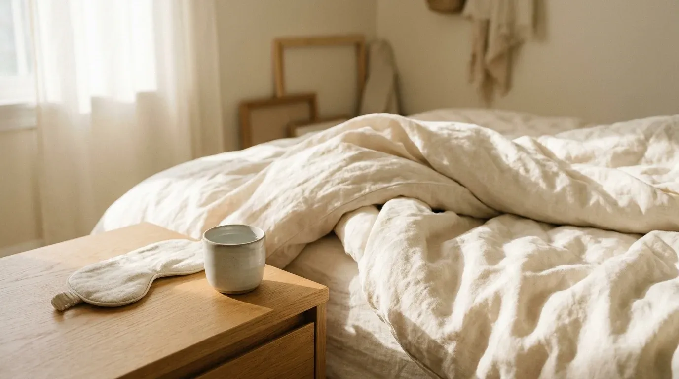 Unmade bed with rumpled linen duvet, sleep mask, and water glass on pale wooden nightstand in morning light.