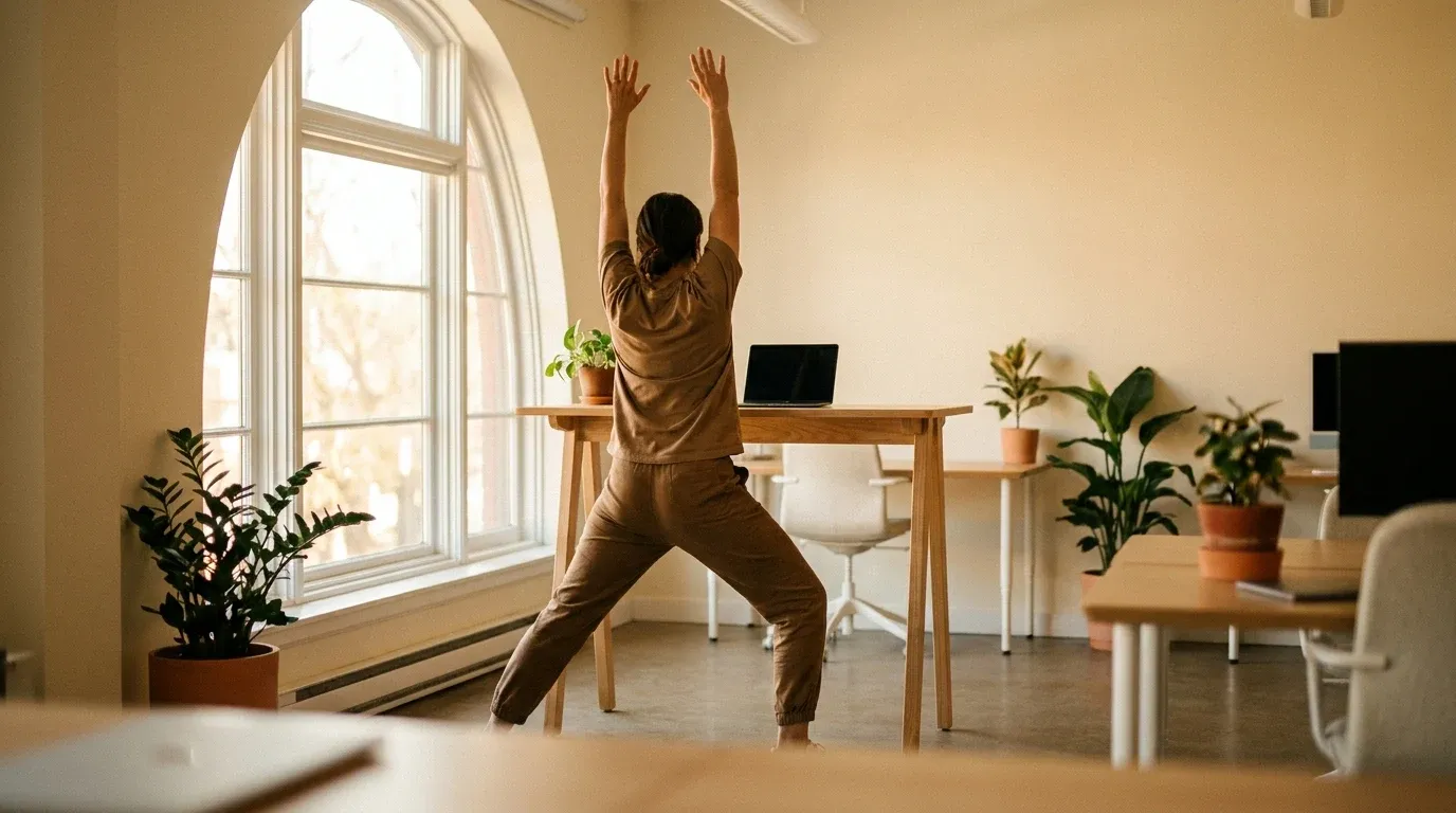 Person stretching with arms raised beside a standing desk in warm, diffused natural light.