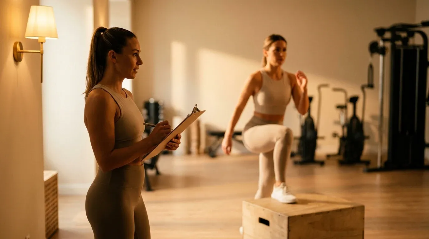 Coach with clipboard observes client performing a step-up exercise on a plyo box in a warm-lit gym.