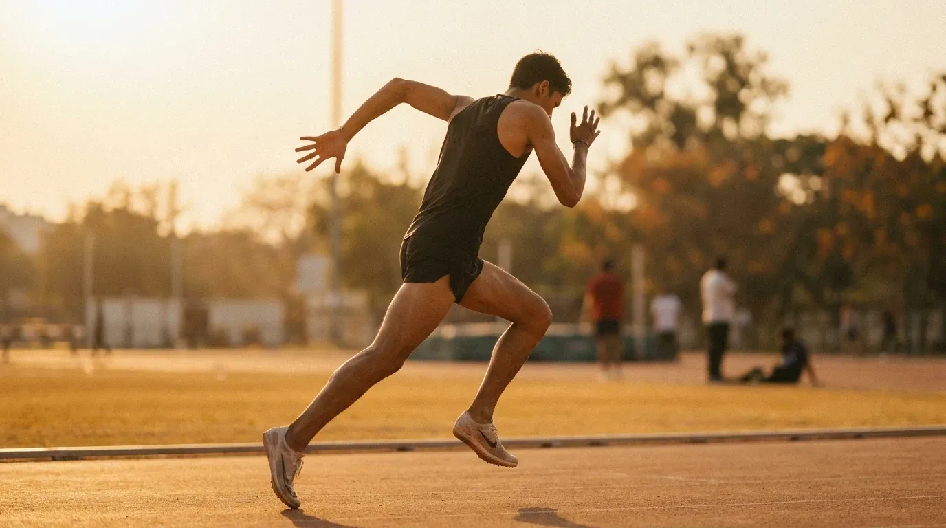 Lean athlete sprinting at full effort on a track, captured in warm natural golden light.
