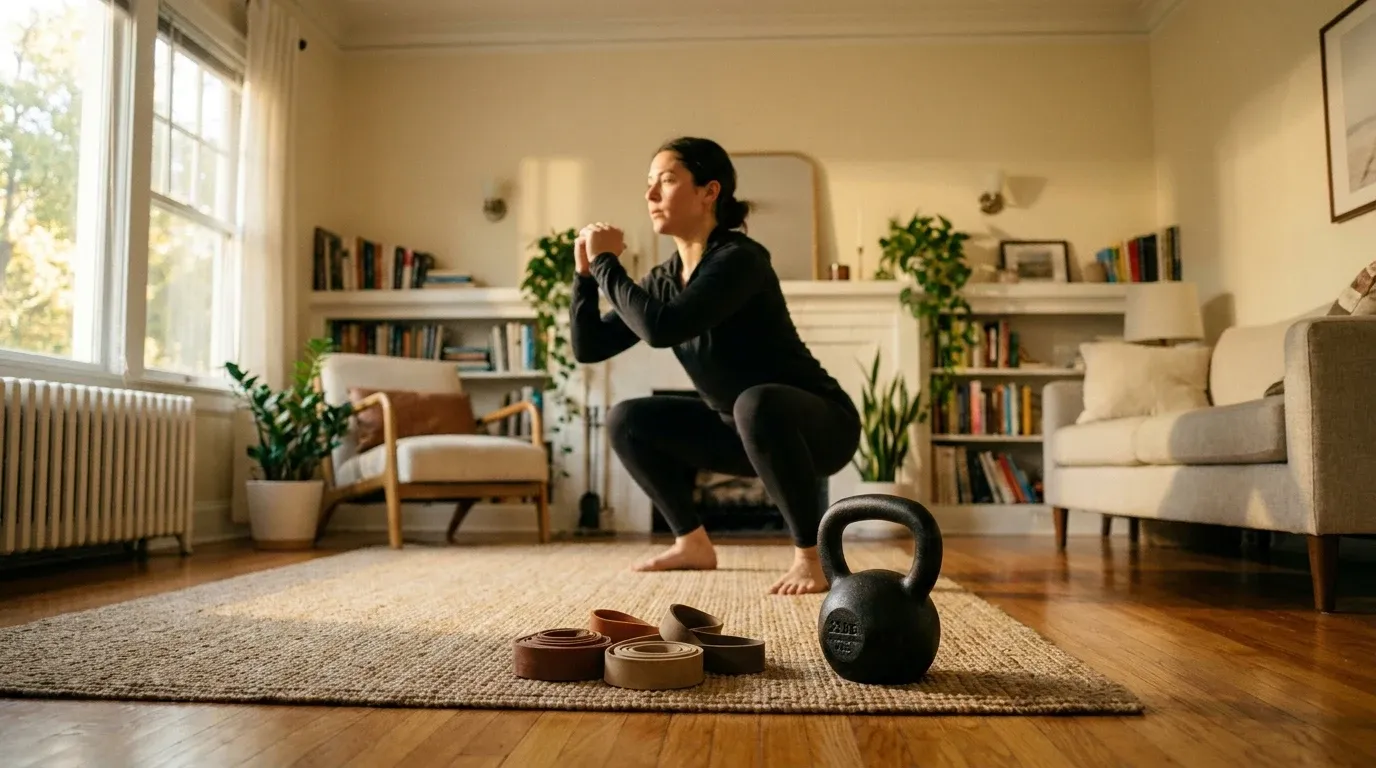 Person in athletic wear performing a focused squat in a home gym with resistance bands and kettlebell visible in warm natural light.