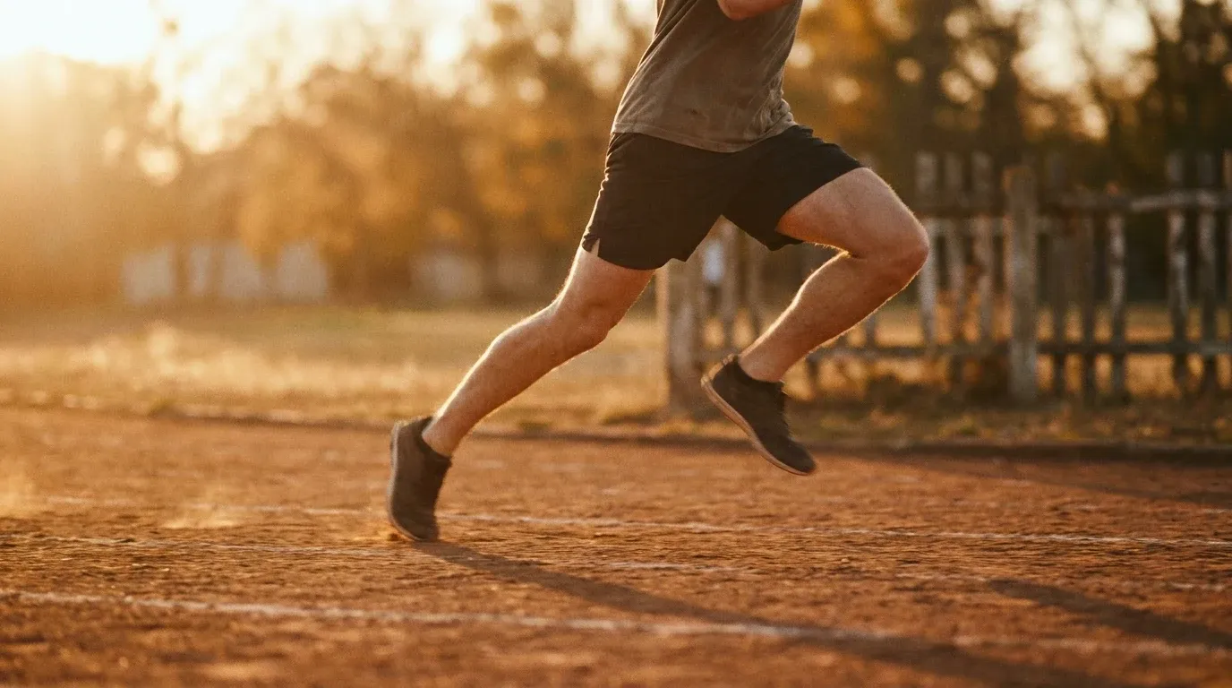 A runner mid-sprint on an outdoor track with legs fully extended in explosive motion, captured in warm golden-hour light.