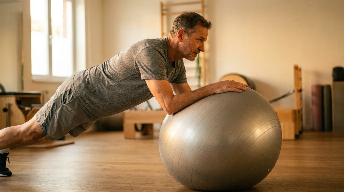 A man in his 50s performs a stability ball rollout exercise in a gym with warm golden light.