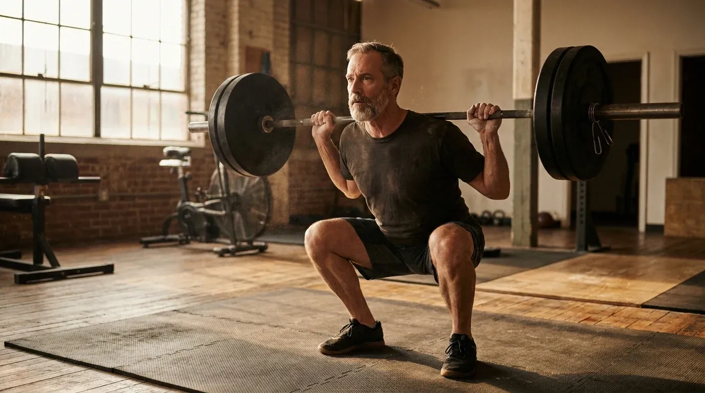 A man in his early fifties performs a barbell back squat in a gym lit by warm golden afternoon light.