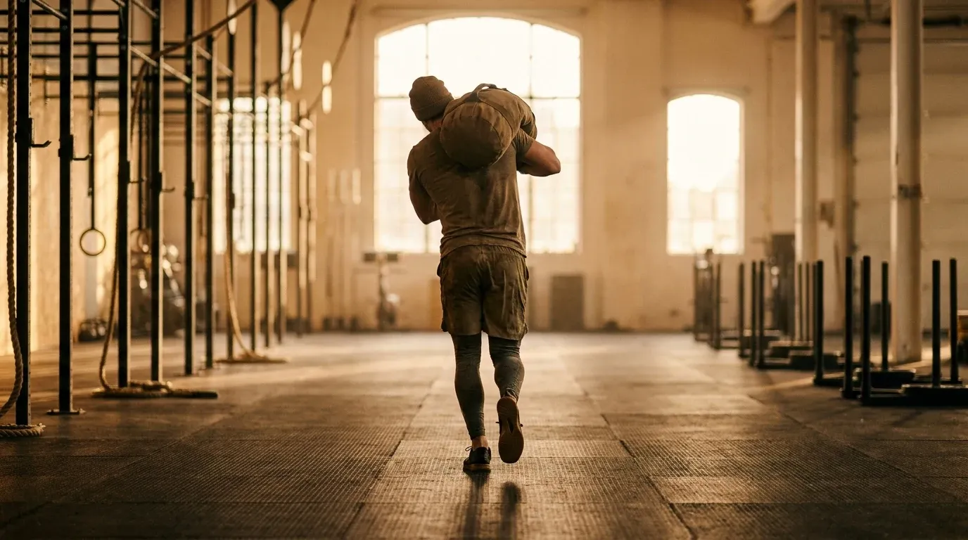 Athlete carrying a heavy sandbag over shoulder in a functional fitness facility bathed in golden light.